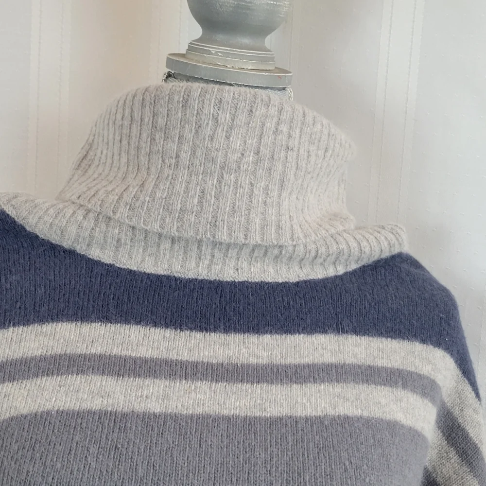 Kenar Woman's Lambs Wool and Angora Sweater Cowl Neck, Grey, Blue Stripe, Medium - Picture 3 of 5